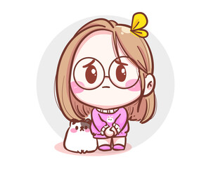 Character of cute girl and little cat feeling sorry and apologize isolated on white background with mistake or forgiveness.
