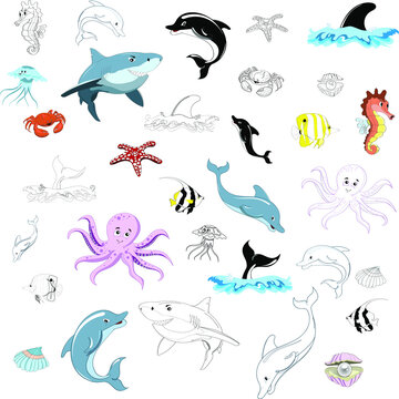 Large set of cartoon underwater animals.  Wallpaper coloring for kids. Huge poster for coloring