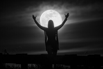 Fototapeta na wymiar Silhouette of a woman standing on the moon