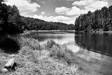 View on Brda River. Artistic look in black and white. - obrazy, fototapety, plakaty