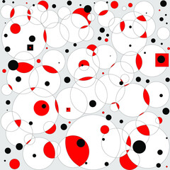 Pattern with white, red and black circles on gray background. Abstract ornament for textiles and wallpaper