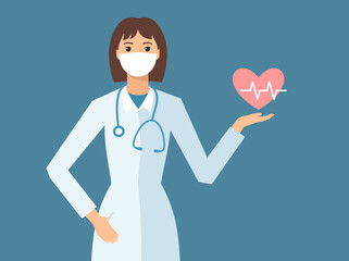 Female doctor with medical face mask holding symbol of heart