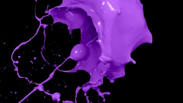 Purple paint splash thrown in slow motion, liquid isolated on black (4K)