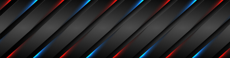 Abstract black stripes with blue red neon glowing light. Vector technology banner design