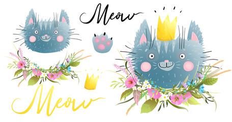 Cute cat head with golden crown and meow lettering designer collection. Make your t shirt or apparel design with this adorable pussy kitten set. Vector hand drawn graphics in watercolor style.