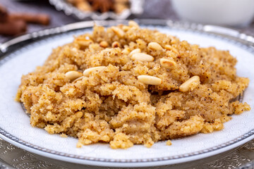 Turkish Semolina Dessert Helva / halva with Almond / Irmik Tatlisi