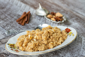 Turkish Semolina Dessert Helva / halva with Almond / Irmik Tatlisi