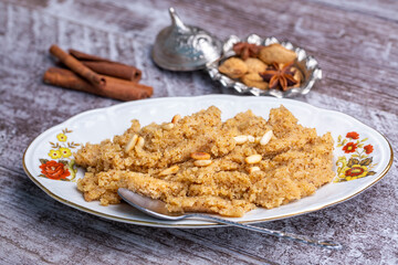 Turkish Semolina Dessert Helva / halva with Almond / Irmik Tatlisi