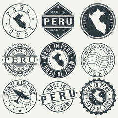 Peru Set of Stamps. Travel Stamp. Made In Product. Design Seals Old Style Insignia.