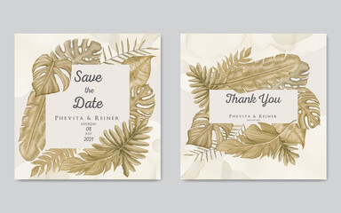 Vintage wedding invitation card template with tropical leaves frame bundle