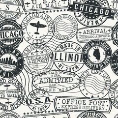 Chicago Illinois USA Stamp Vector Art Postal Passport Travel Design Set Pattern.