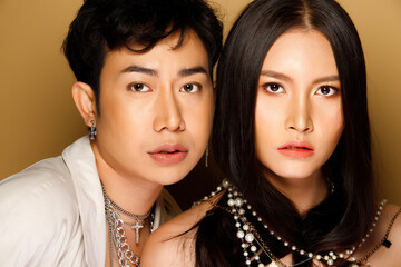 Obraz premium Fashion Portrait Profile Asian Woman man fashionable item make up