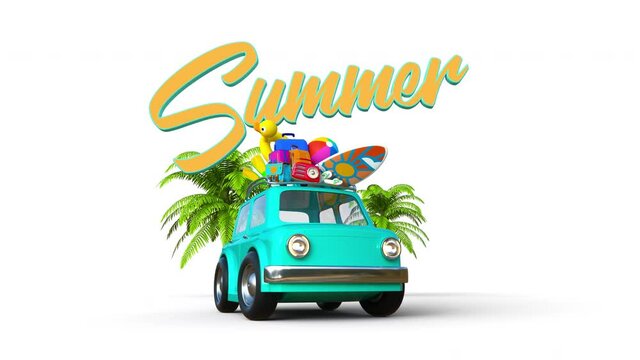 3D toon blue car loaded with surfing board, luggages, pool toys, a beach ball, beach sleepers, scuba fins and a radio on white background with palm trees. Summer vacation concept 3d animation.