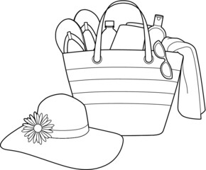 A line art vector illustration a beach bag with flip flops, mat, water bottle, sunscreen lotion, sun glasses and a towel, and a large floppy beach hat with a flower
