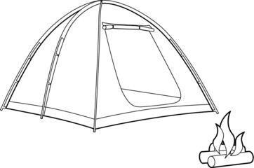 A line art vector illustration of a camping tent and campfire