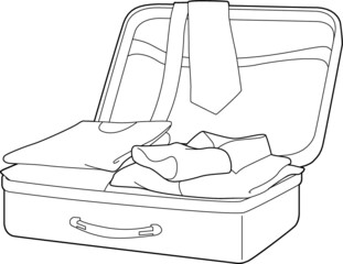 A line art vector illustration of an open suitcase with folded clothes inside