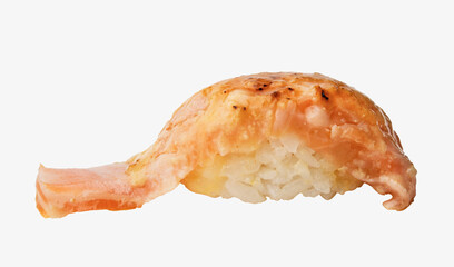 Smoked prawn sushi on white background