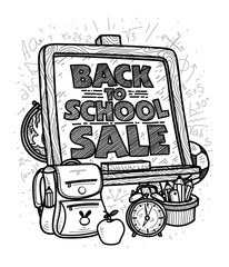 Back to school sale graphic poster or card design with board and school tools