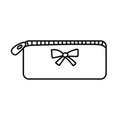 Pencil case for stationery with little bow. School, university, office, work, study. Fashion, accessory. Line art. Ink black illustration, icon. Isolated on white background.