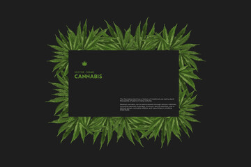 Hemp/cannabis leaf realistic frame, black template for design with copy space, vector illustration