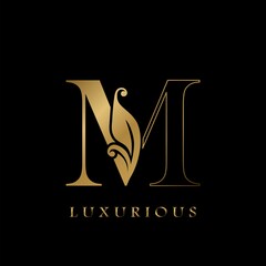 Golden Outline Initial Letter M luxury Logo, creative vector design concept for luxurious business.