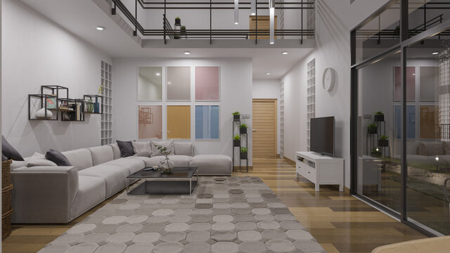 Illuminated Living Room in an Open Plan House with a Mezzanine 3D Rendering