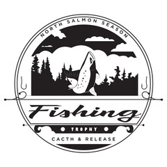 Vintage Fishing logo design with fishes icons and pine trees background. Fishing club emblem or logo.