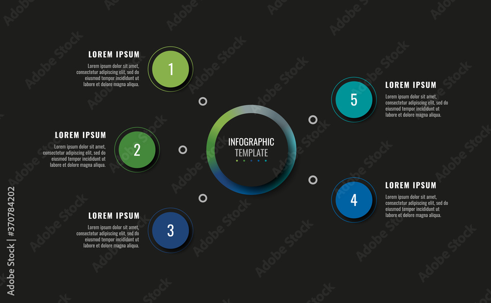 Aufkleber modern infographic template with five round realistic elements on a black background. horizontal bus