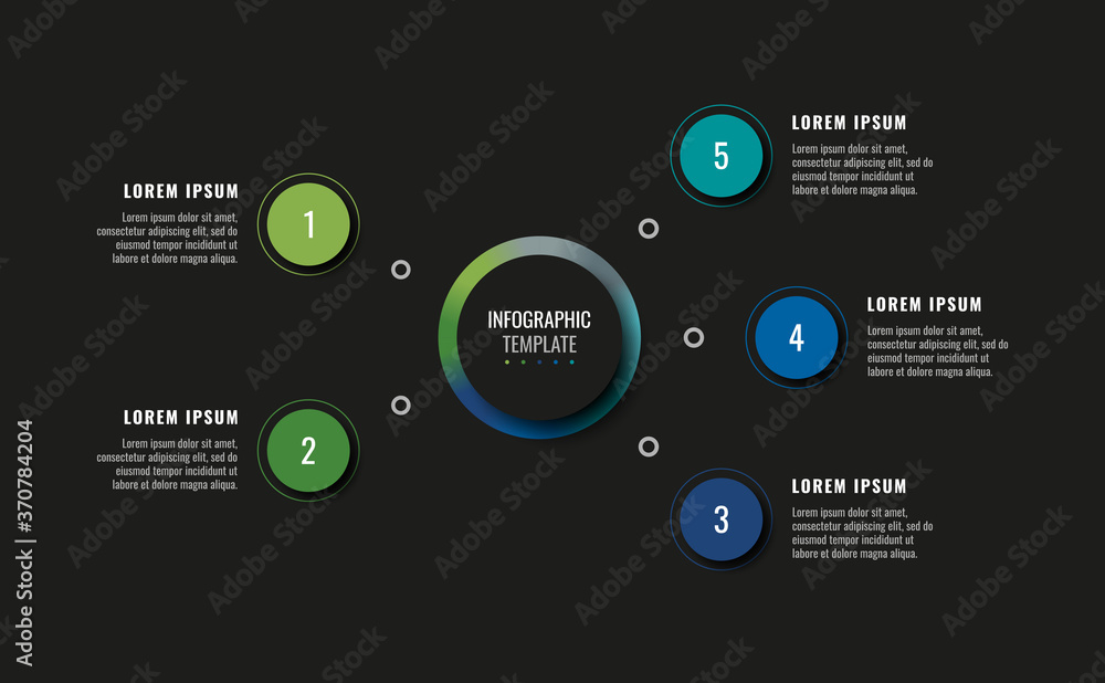 Aufkleber modern infographic template with five round realistic elements on a black background. horizontal bus