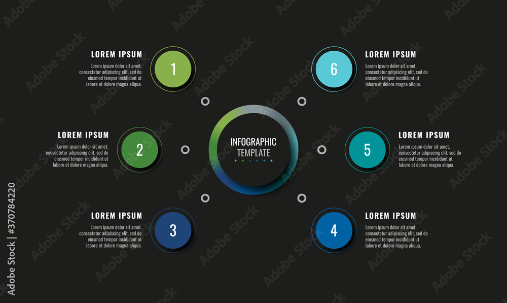 Poster modern infographic template with six round realistic elements on a black background. horizontal busi