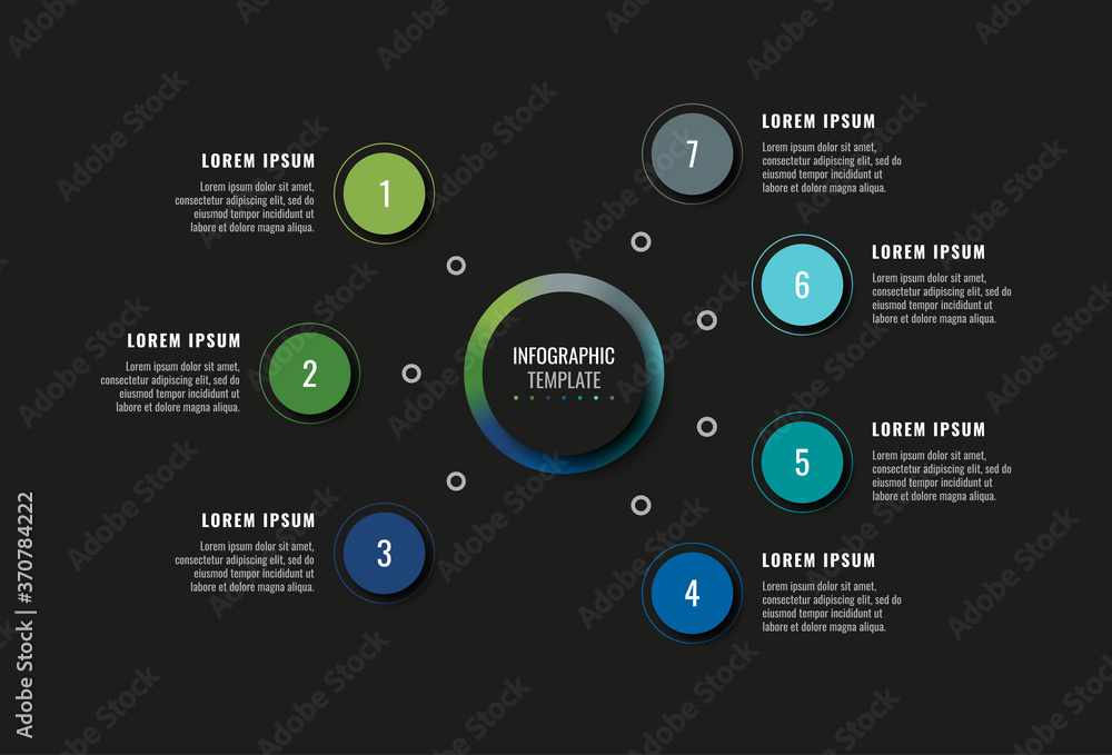 Poster modern infographic template with seven round realistic elements on a black background. horizontal bu