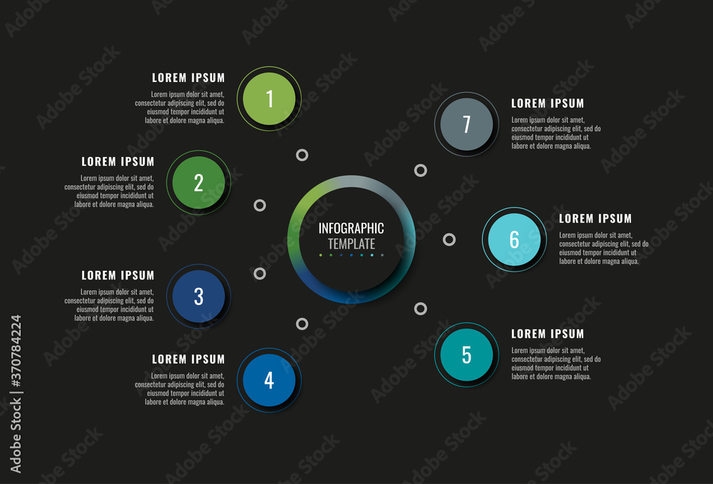Poster modern infographic template with seven round realistic elements on a black background. horizontal bu
