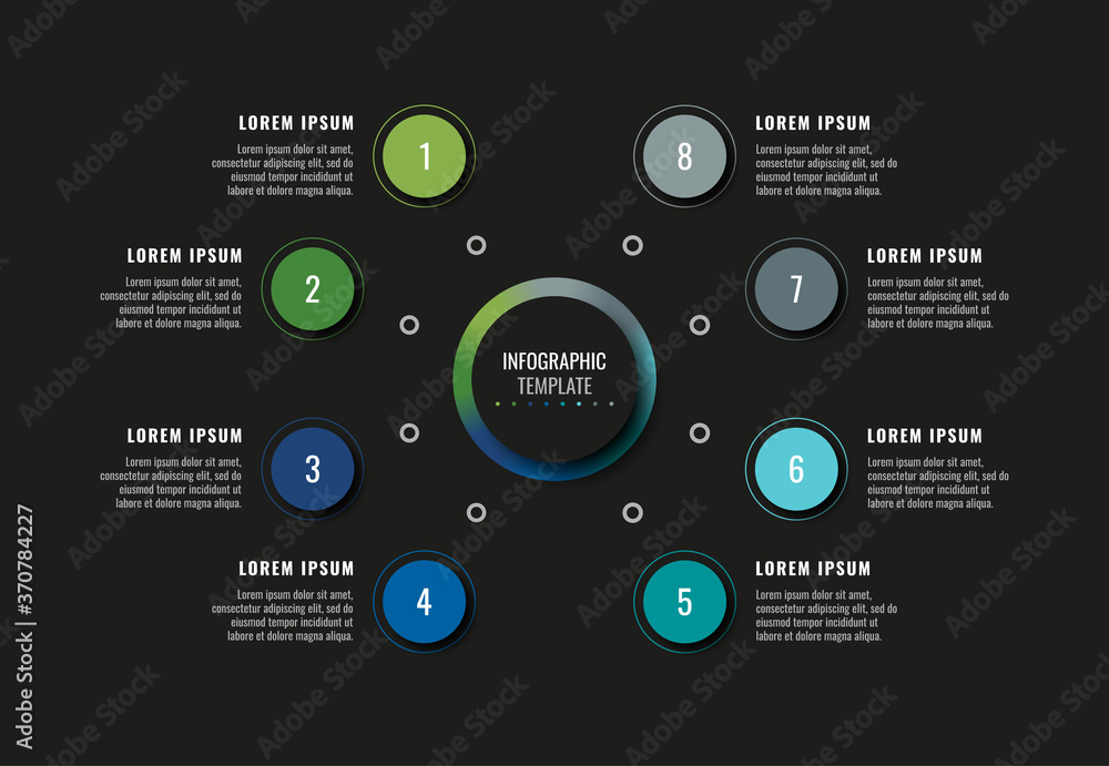 Poster modern infographic template with eight round realistic elements on a black background. horizontal bu