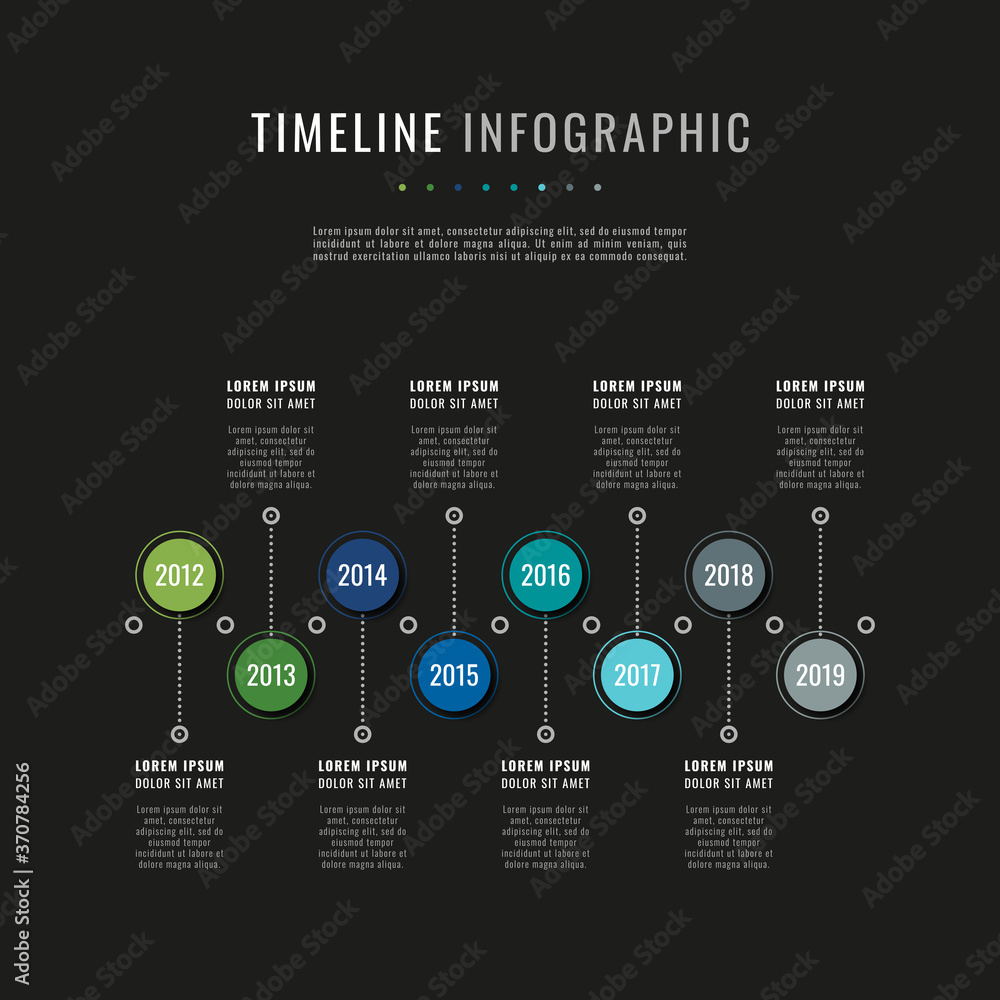 Poster modern infographic timeline template with round realistic elements on a black background. business c