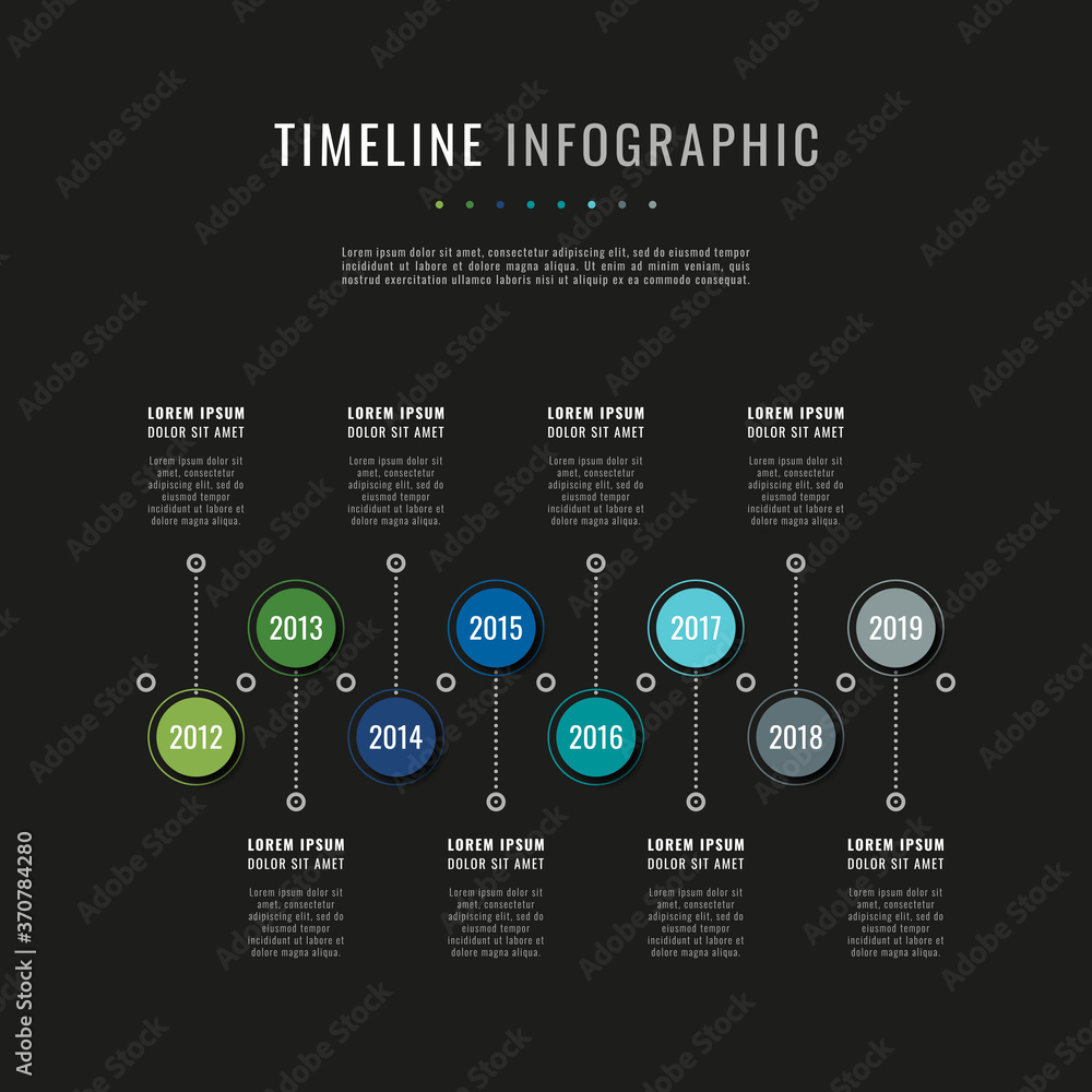 Poster modern infographic timeline template with round realistic elements on a black background. business c