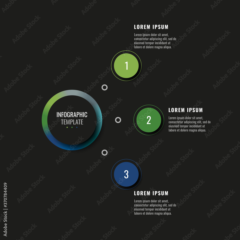 Fototapete modern infographic template with three round realistic elements on a black background. horizontal bu