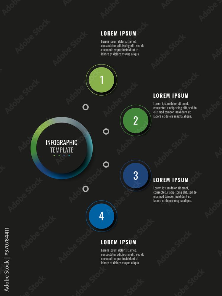 Aufkleber modern infographic template with four round realistic elements on a black background. horizontal bus