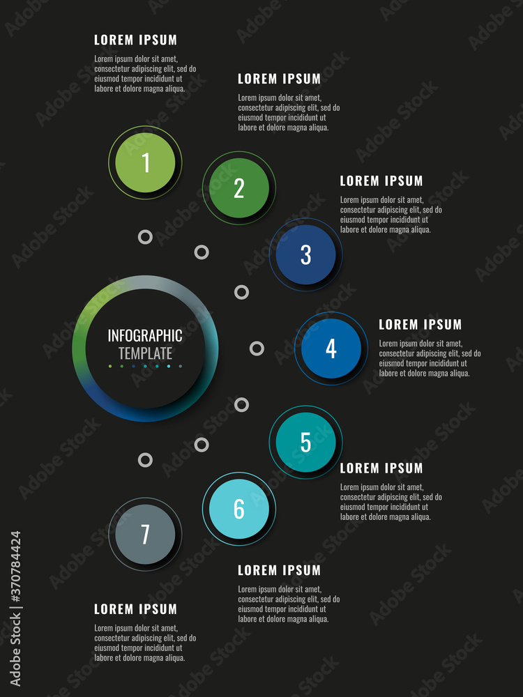 Poster modern infographic template with seven round realistic elements on a black background. horizontal bu