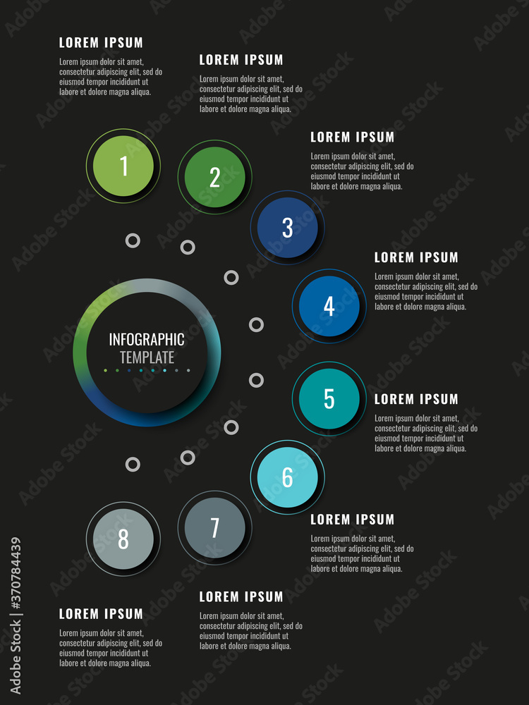 Poster modern infographic template with eight round realistic elements on a black background. horizontal bu