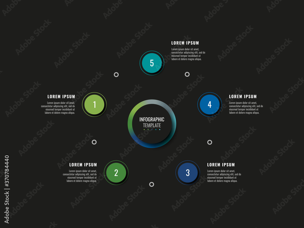 Aufkleber modern infographic template with five round realistic elements on a black background. horizontal bus