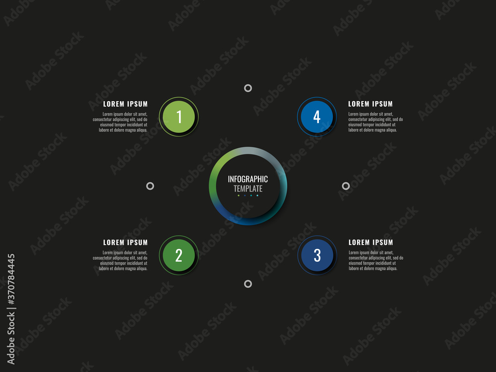 Poster modern infographic template with four round realistic elements on a black background. horizontal bus
