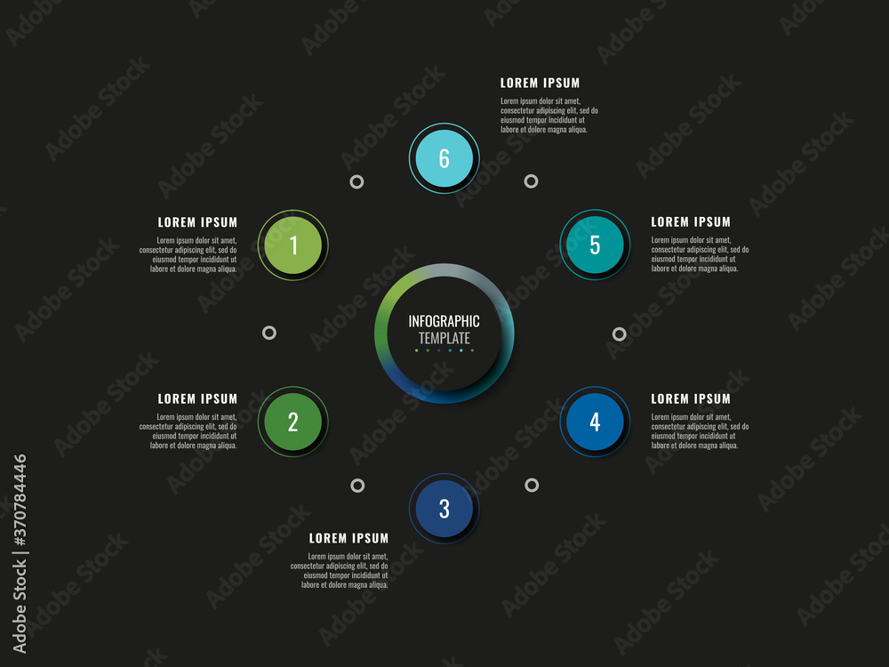 Poster modern infographic template with six round realistic elements on a black background. horizontal busi