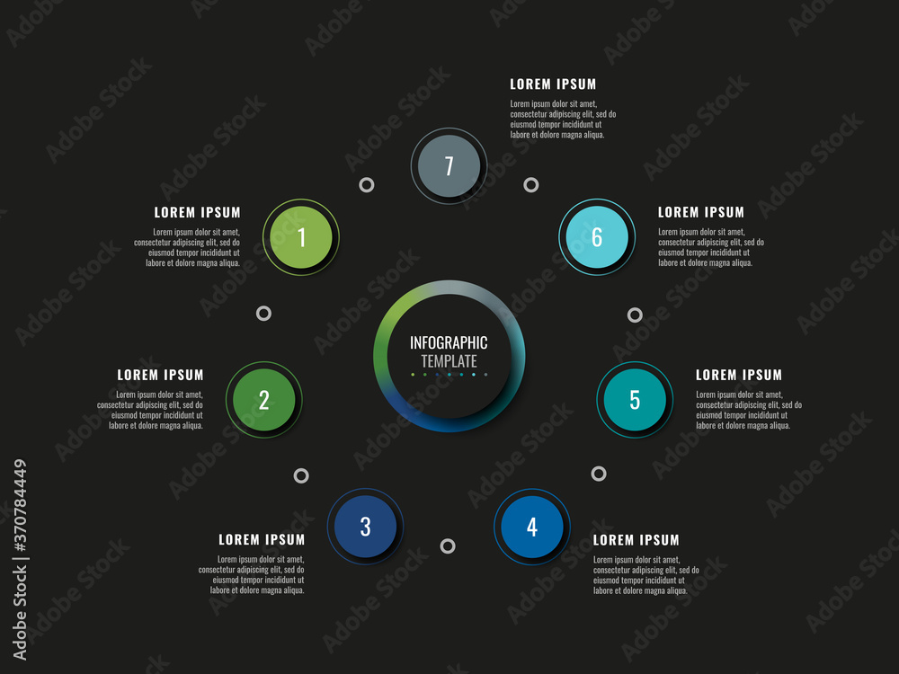 Poster modern infographic template with seven round realistic elements on a black background. horizontal bu