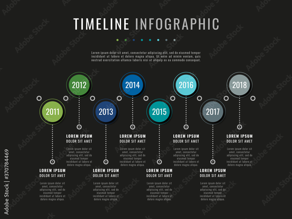 Poster modern infographic timeline template with round realistic elements on a black background. business c