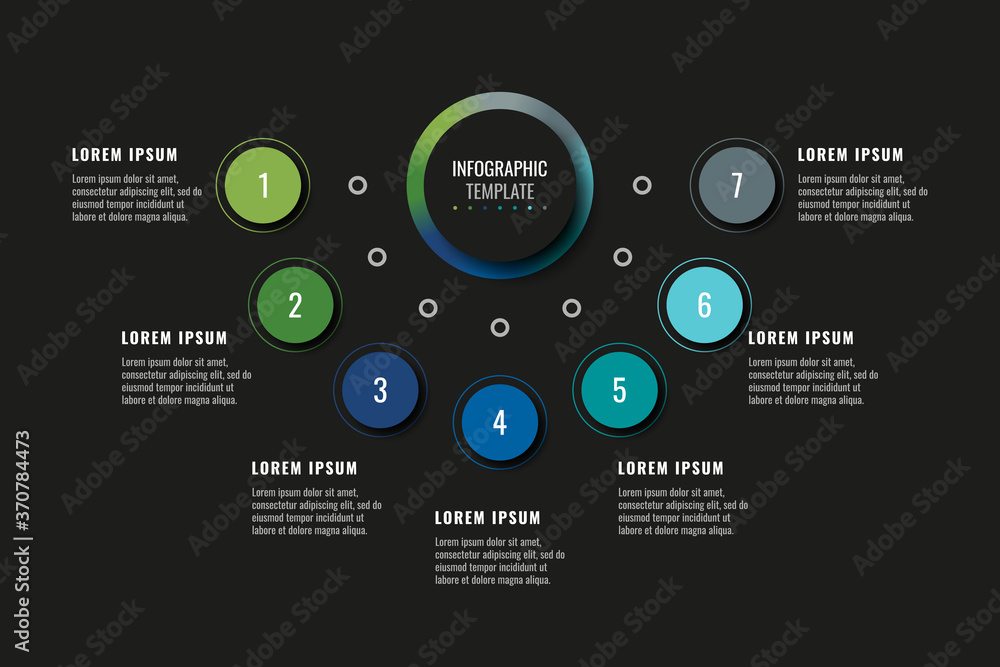 Poster modern infographic template with seven round realistic elements on a black background. horizontal bu
