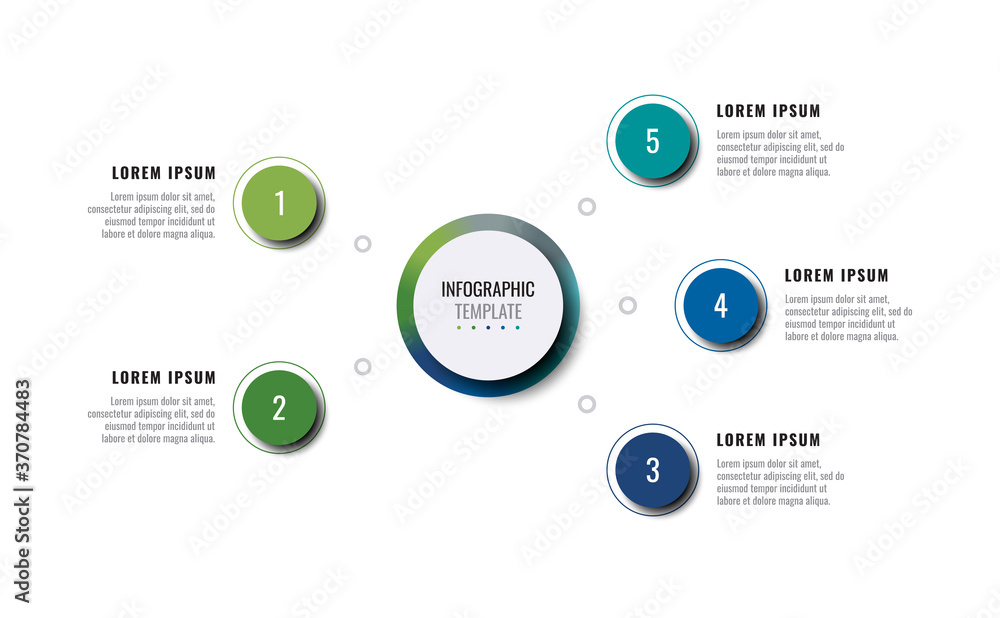 Poster business infographic template with five round realistic elements on a white background. modern horiz