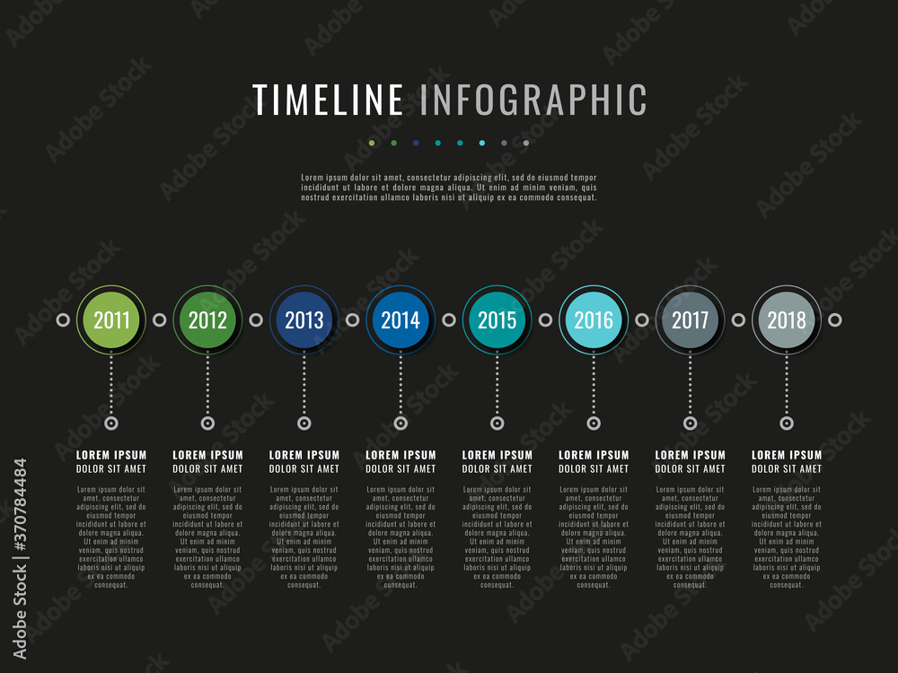 Poster modern infographic timeline template with round realistic elements on a black background. business c