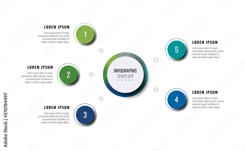Poster business infographic template with five round realistic elements on a white background. modern horiz