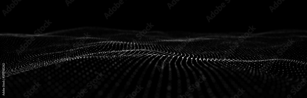 Poster wave 3d. wave of particles. abstract black geometric background. big data visualization. data techno