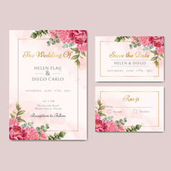 Beautiful wedding invitation card template with flowers and leaves